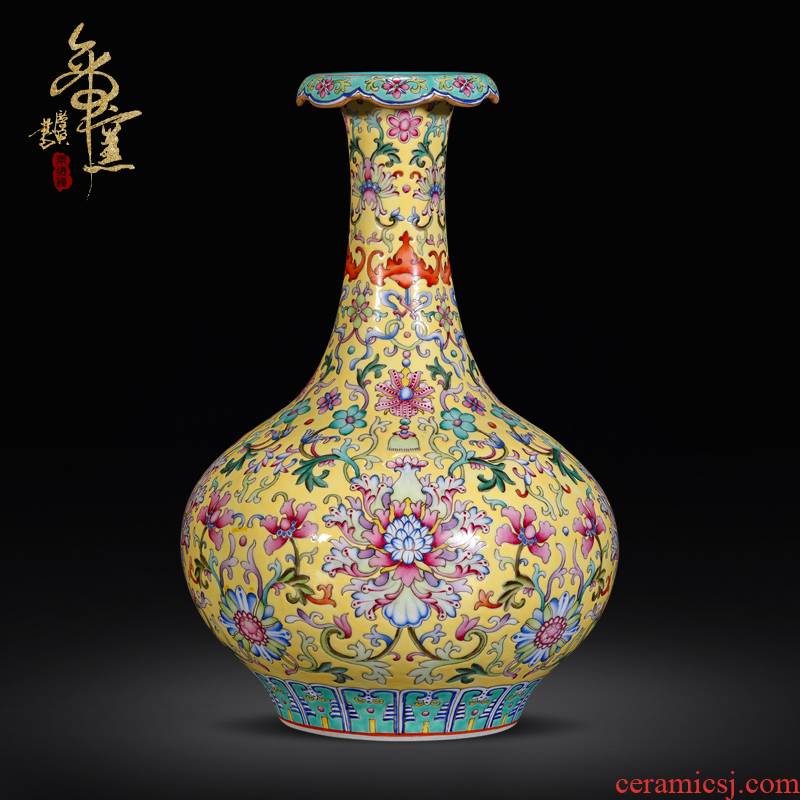 Emperor up hand - made famille rose porcelain vase is placed into a yellow to live ten thousand years Chinese rich ancient frame home decoration in the living room
