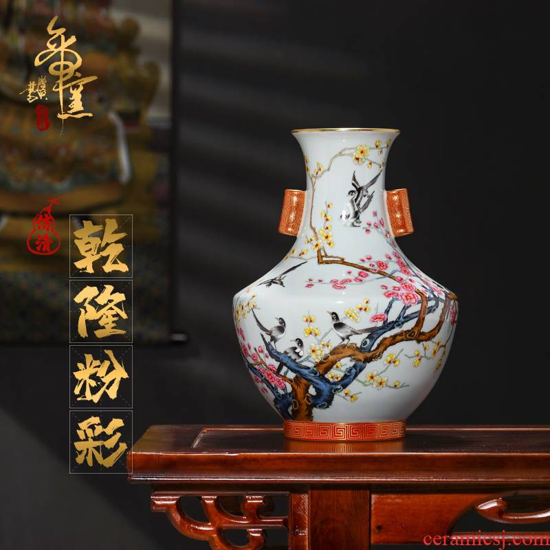 Antique hand - made emperor up enamel twelve xi deng mei double ears of jingdezhen ceramic vases, furnishing articles rich ancient frame collection