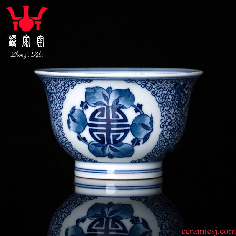 Bell up to burn the host CPU of jingdezhen ceramic cups a single manual blue and white peach ShouXi cup cup