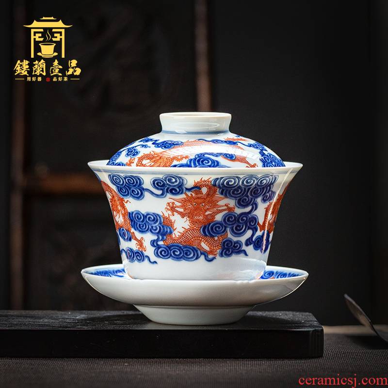 Jingdezhen ceramic all hand blue vitriol red of the statute of three men to tureen kung fu tea tea bowl of tea cups