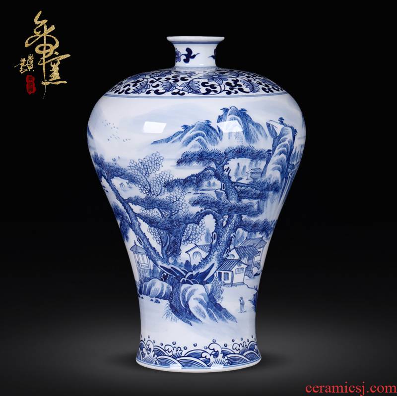 Jingdezhen ceramics antique hand - made landscape mei bottle of blue and white porcelain vase household decoration crafts are sitting room