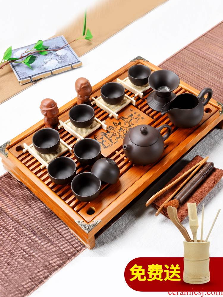 ZongTang purple ceramic kung fu tea set home office small solid wood tea tray drawer cups of tea table set