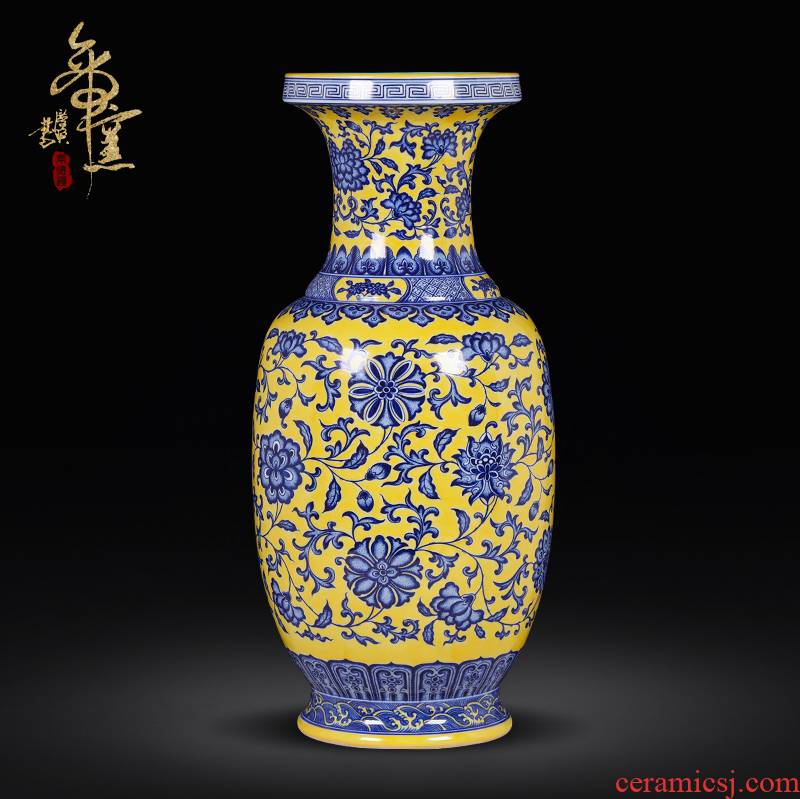 Jingdezhen blue and white hand - made ceramic antique yellow glaze bound branch lotus bottle of new Chinese style living room home furnishing articles