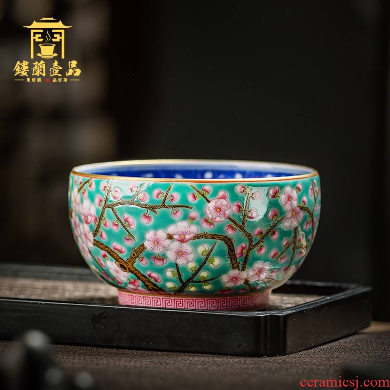 Jingdezhen ceramic all hand pastel blue and white ice name plum green space within the host make tea cup size bowl of kung fu tea set