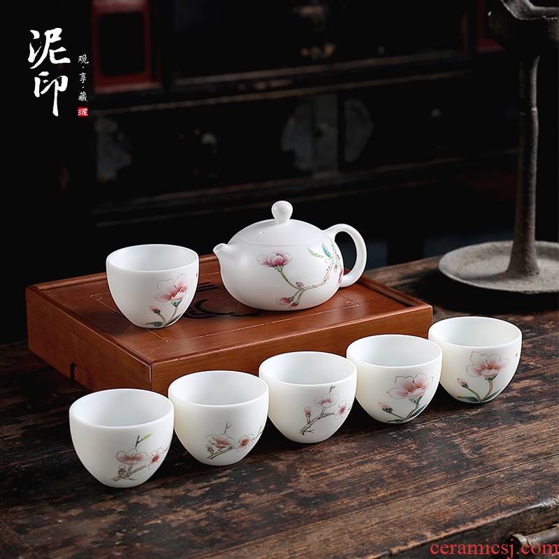 Mud seal cherry blossom put kung fu tea set suit household contracted hand - made China dehua white porcelain suet white jade cup teapot