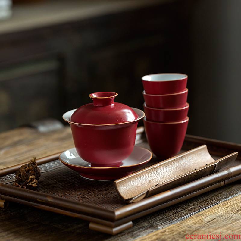 Carmine large kongfu tea jingdezhen ceramic bowl with retro white porcelain three tureen tea cup set