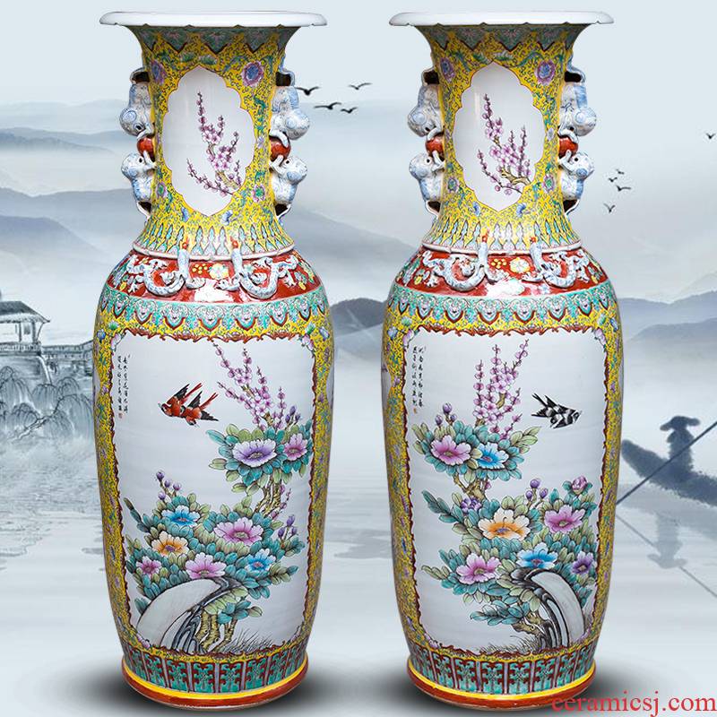 Archaize of jingdezhen ceramics powder enamel ears of large vases, Chinese style living room home decoration collection furnishing articles