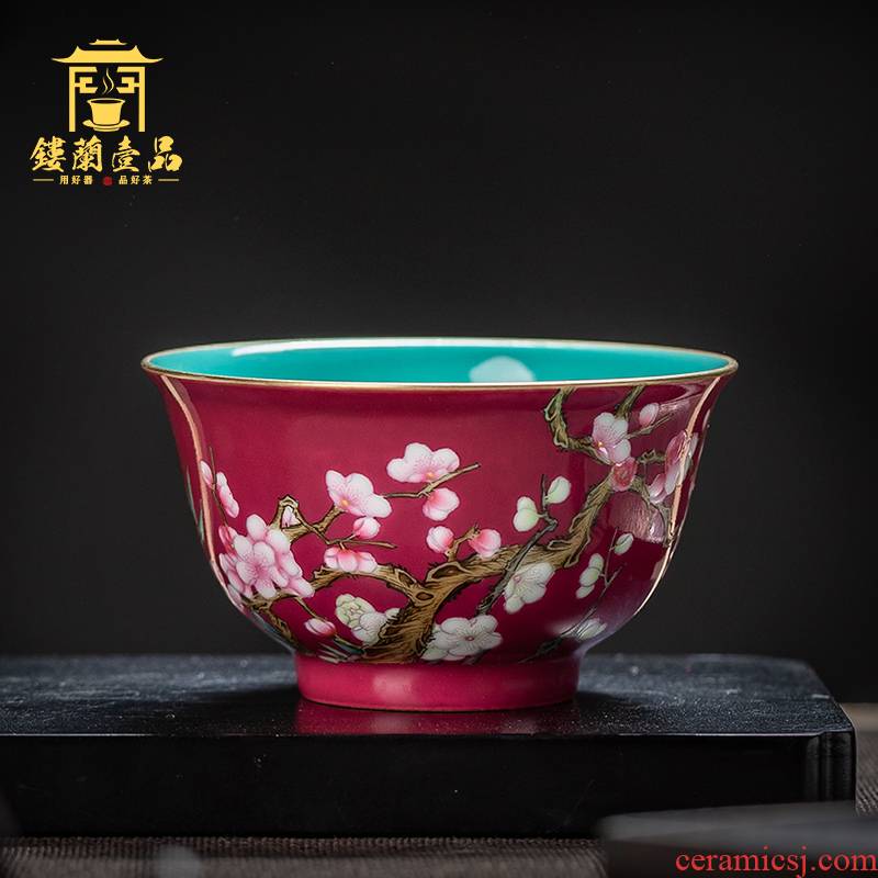 Jingdezhen checking ceramic carmine kung fu tea powder enamel name plum blossom put sample tea cup large master cup single CPU