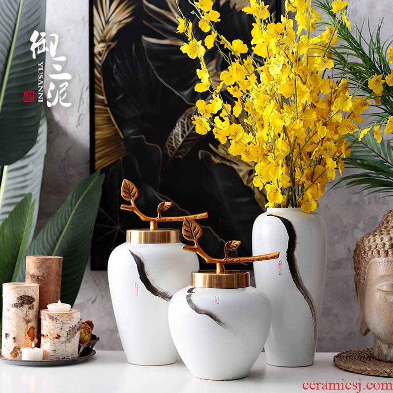 Jingdezhen ceramic vases, new Chinese style household handicraft furnishing articles flower arranging the metal ornaments zen tea room decoration