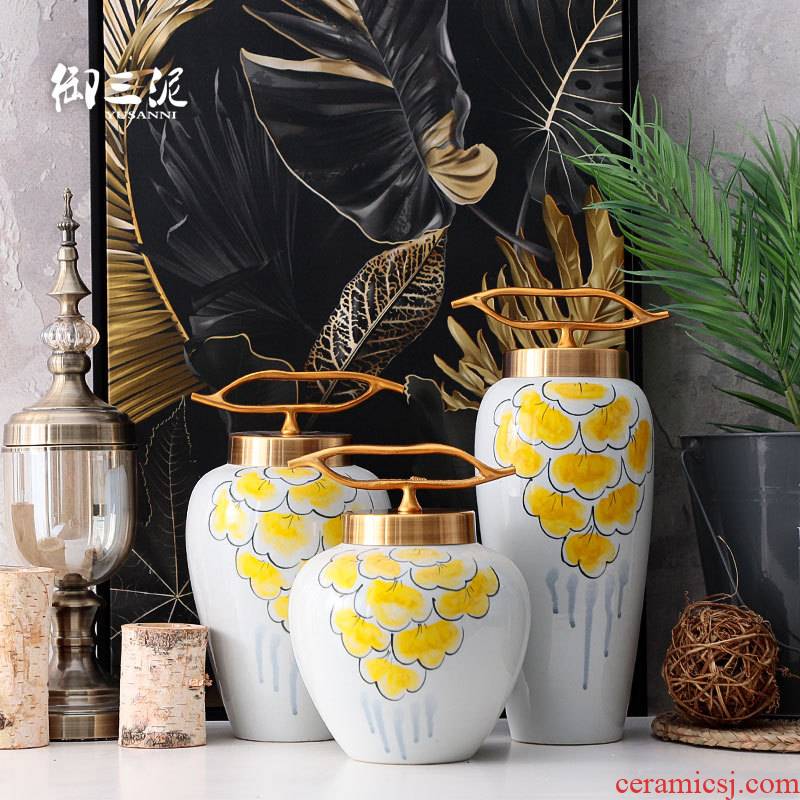 Flower arranging place dry Flower adornment European metal cover ceramic vase desktop household I and contracted the new Chinese style living room