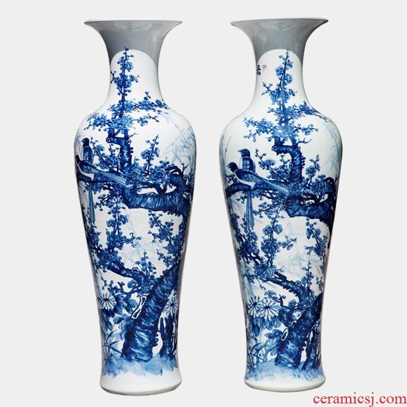 142 JingQin jingdezhen blue and white hand - made ceramic name plum landing big vase decoration beaming