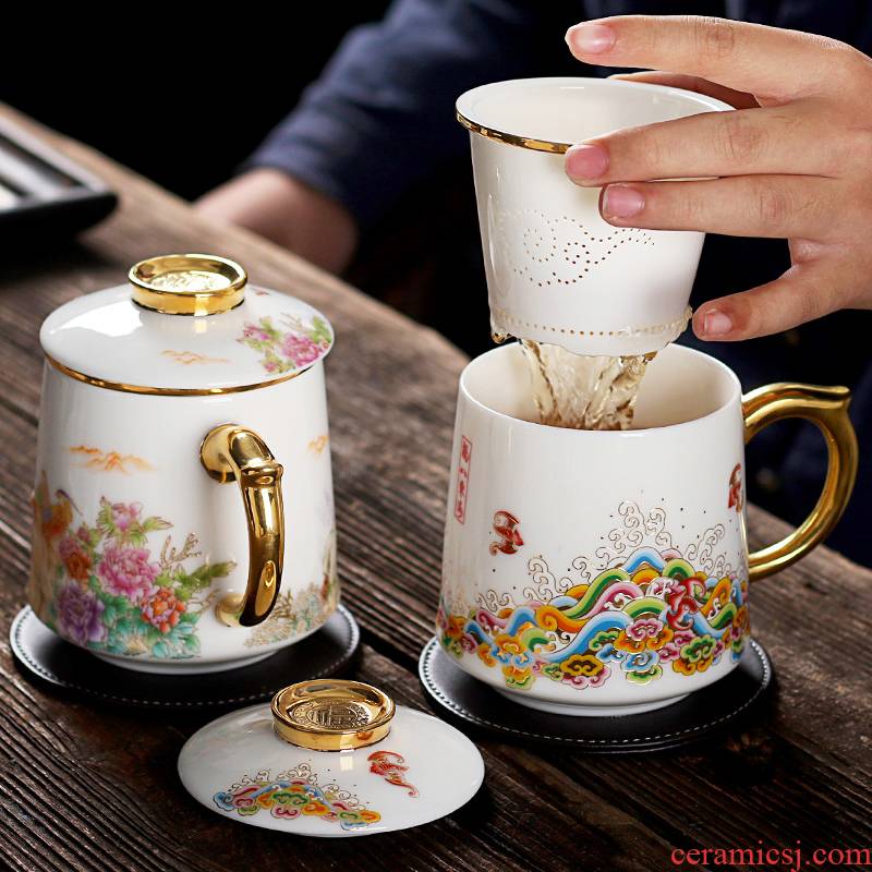 Suet jade porcelain office cup with cover ceramic cups and large high - grade boss belt filter tea cup insulation cup