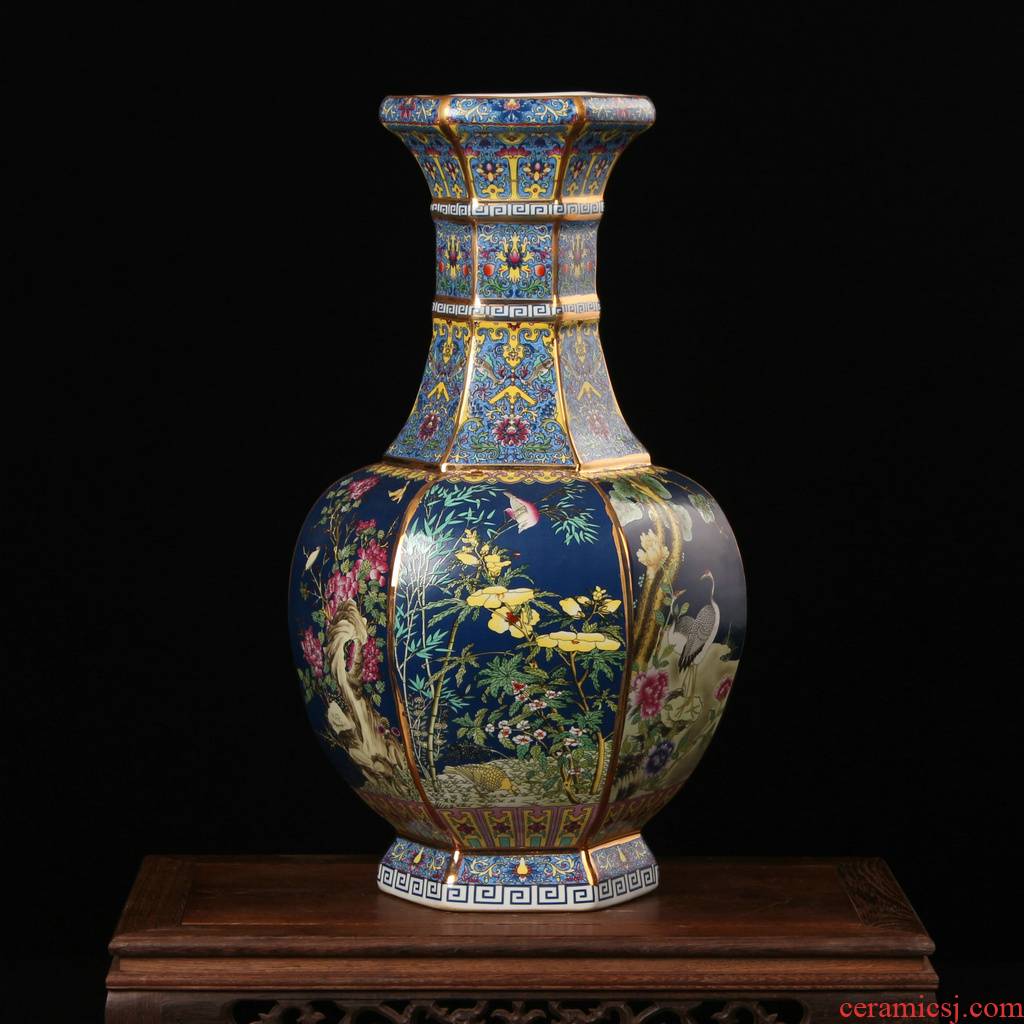 Jingdezhen ceramics vase archaize principal enamel pastel color six sides crafts decorative painting of flowers and collection