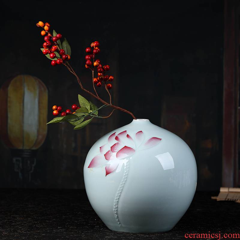 Jingdezhen ceramic vase furnishing articles reliefs green glaze lotus pomegranate vases, flower arranging flowers, new Chinese style household adornment