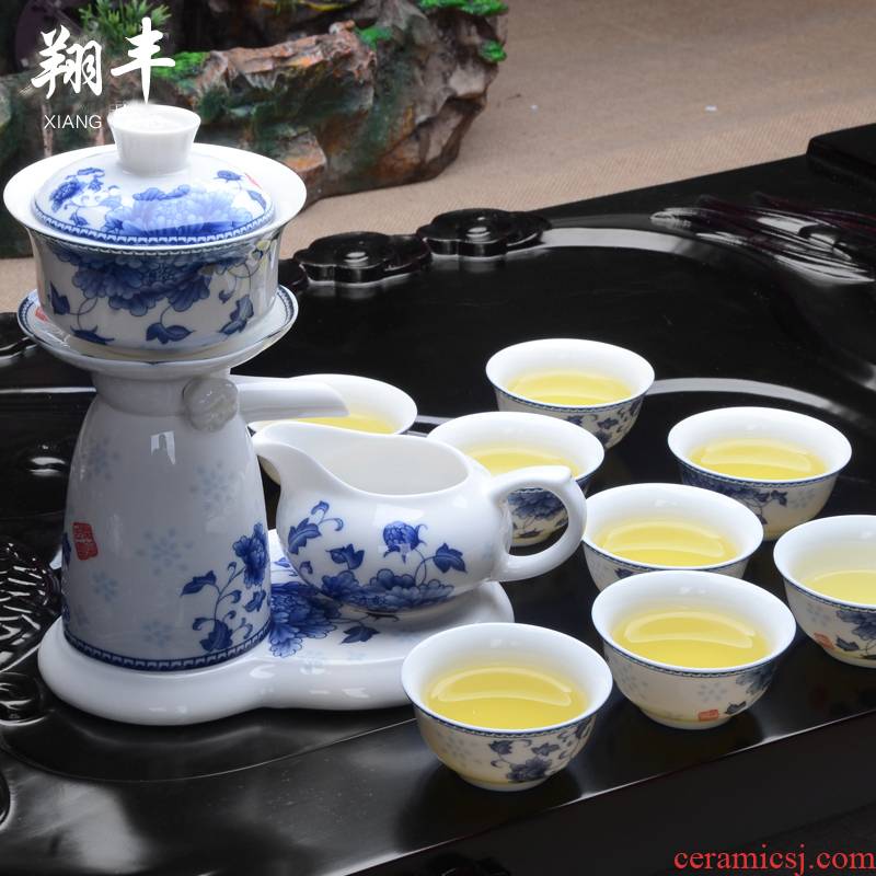 Xiang feng kung fu tea set semi - automatic artesian water of blue and white porcelain porcelain tea sets ceramic gifts
