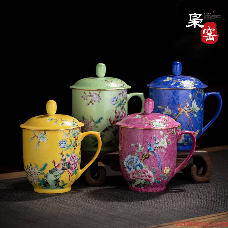 Ceramic powder enamel cover cup manual pick is seems cover the meeting individual cup of jingdezhen hand - made large office cup