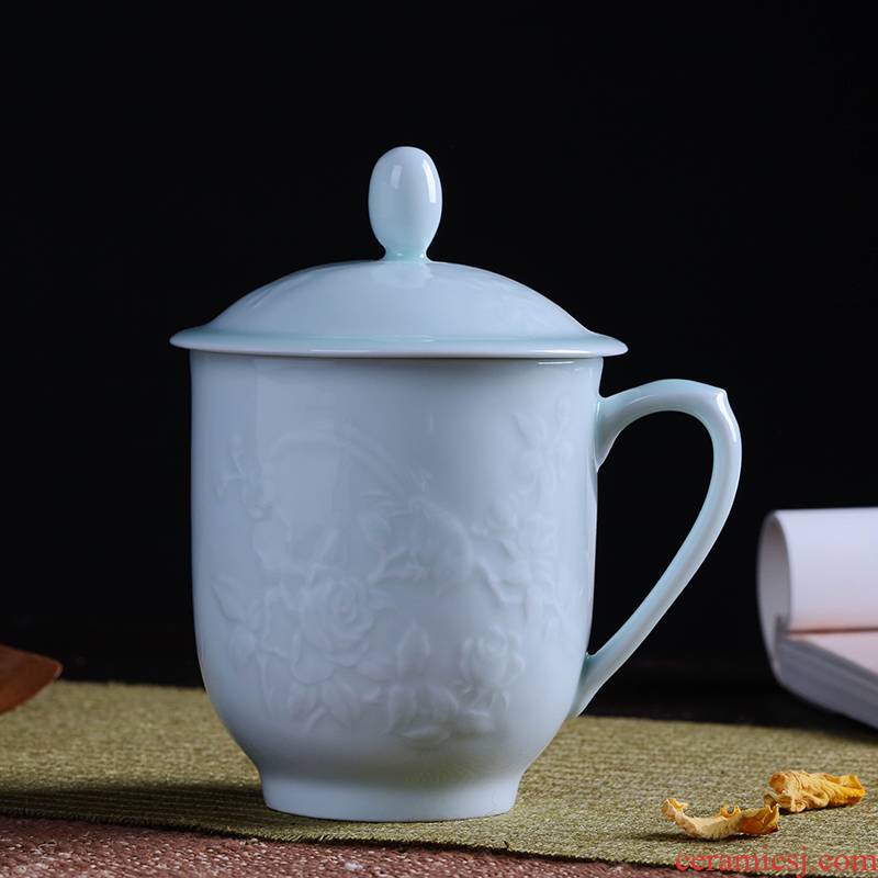 Jingdezhen ceramic cups with cover large glass shadow green home filter tea cup cup 470 ml office meeting