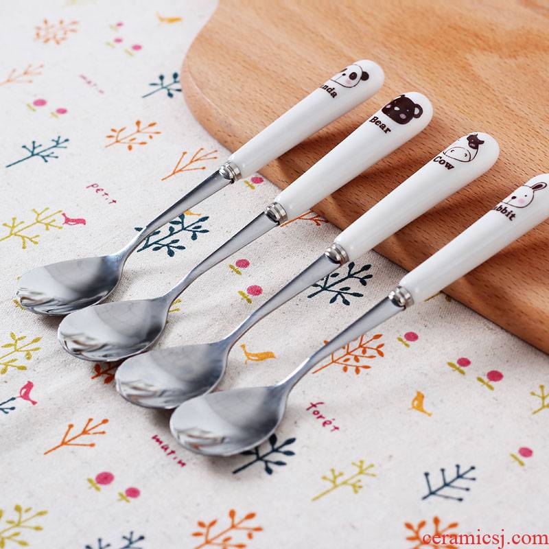 Cartoon stainless steel spoon, ceramic long - handled spoon stir baby see spoons creative lovely stainless steel coffee spoon