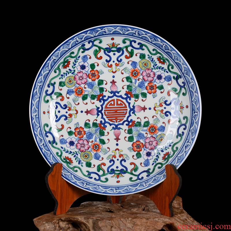 Jingdezhen ceramic decoration plate sit plate hanging dish hand - made archaize pastel blue god of porcelain crafts