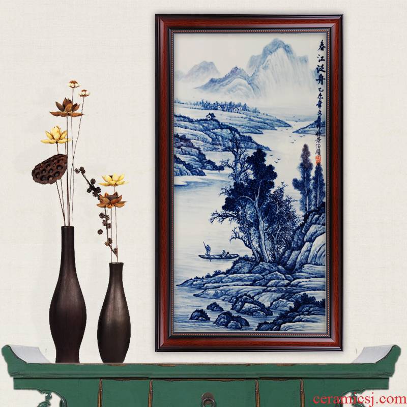 Blue and white hand - made riverside boating on porcelain jingdezhen ceramics famous masterpieces partition handicraft painting murals sitting room