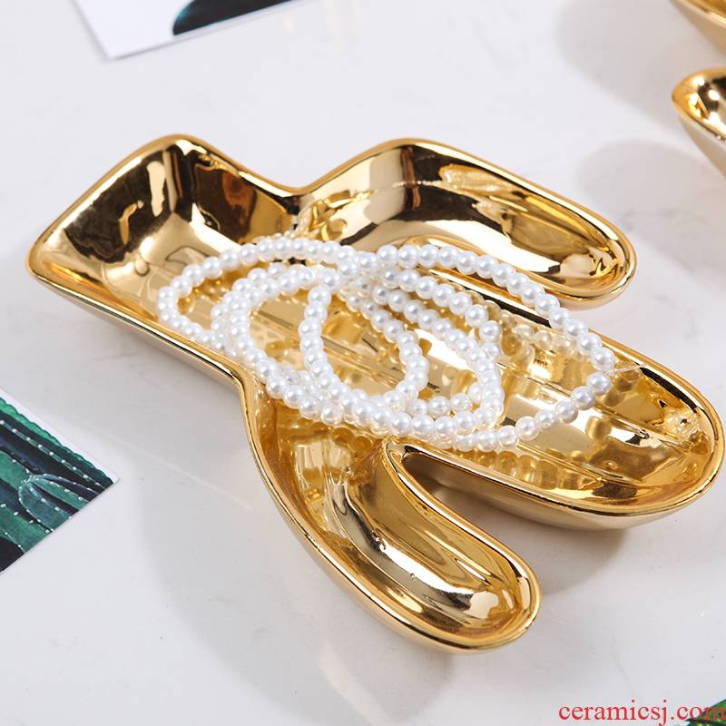 Nordic light receive dish bedroom bath key-2 luxury gold cactus decorative furnishing articles creative ceramic necklace jewelry ring