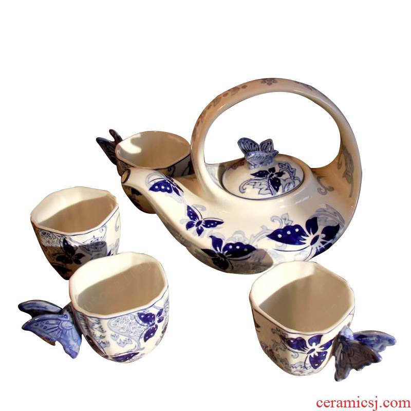 Rain tong household kung fu tea set suit of jingdezhen blue and white porcelain recent four suits for