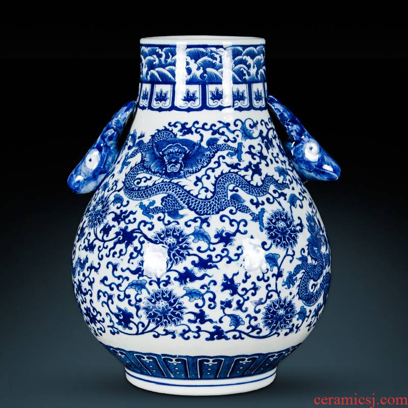 Jingdezhen ceramics imitation qianlong years ears antique Chinese blue and white porcelain vase home sitting room adornment is placed