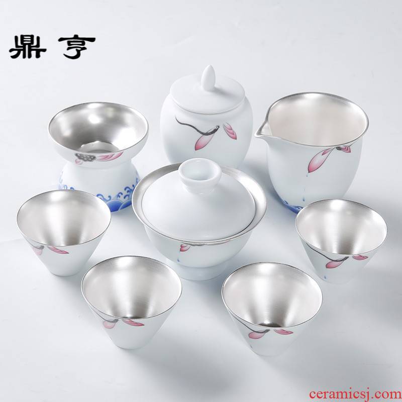 Ding heng 999 sterling silver tea tureen fair keller cup jingdezhen ceramic Japanese household silver tea set gift box