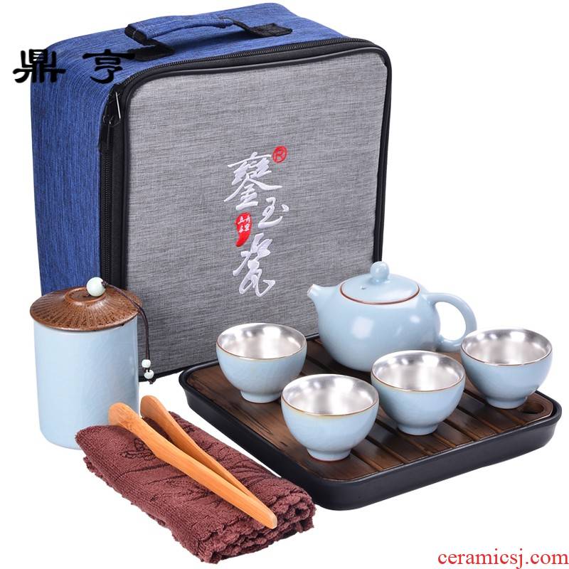 Ding heng 999 sterling silver travel a whole set of kung fu tea tasted silver gilding suit a pot of four cups of dry terms plate crack cup teapot