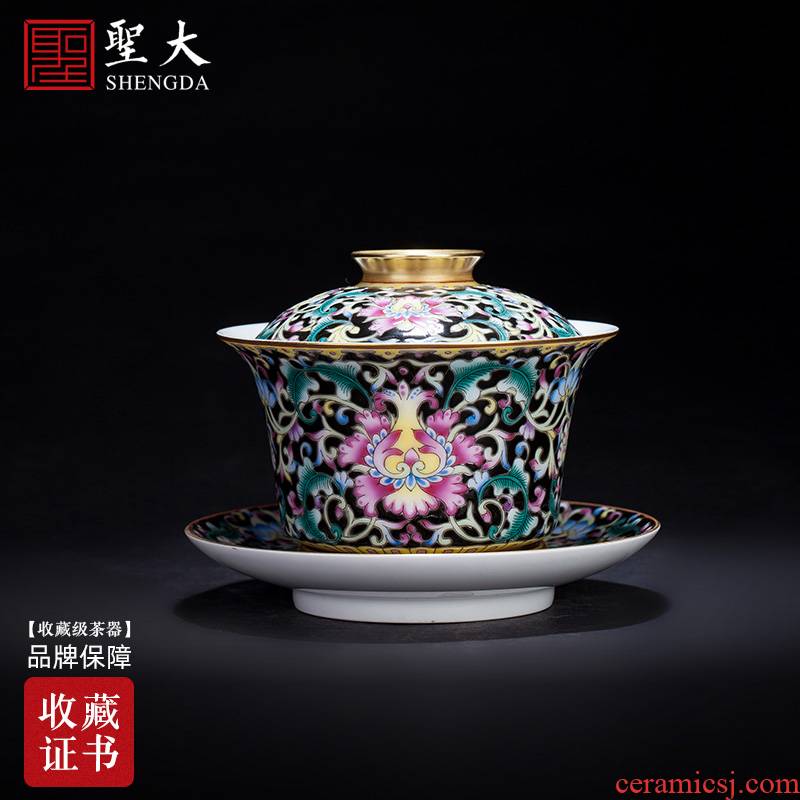 The large ceramic three tureen black enamel colors branch treasure grain tureen jingdezhen all hand kung fu tea set