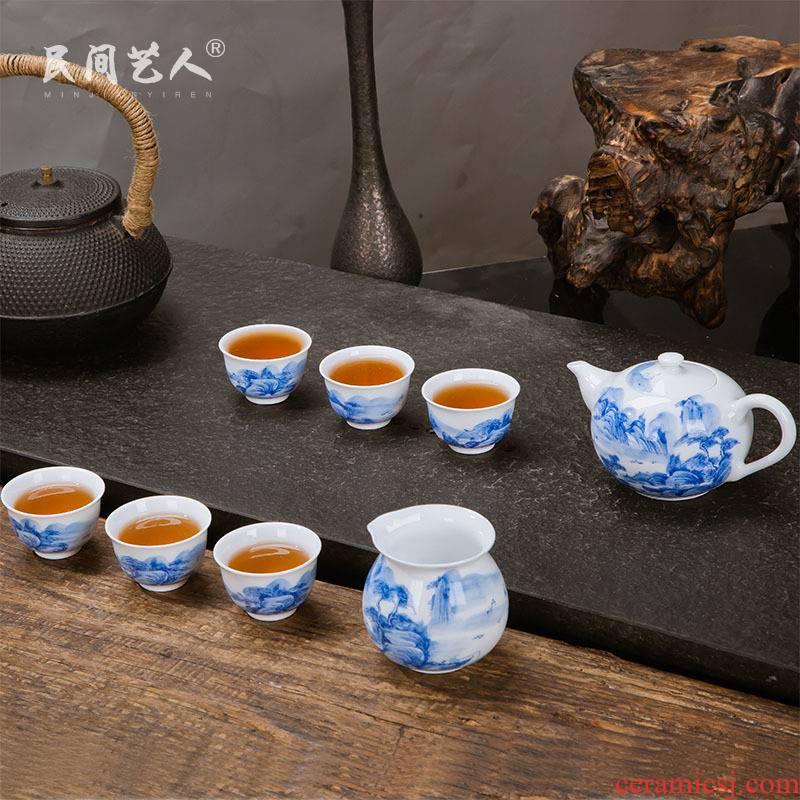 Jingdezhen ceramic hand - made tea set 6 people household kung fu tea tea set of blue and white porcelain tea cups of a complete set of the teapot
