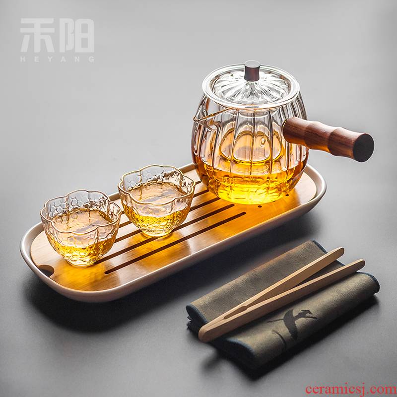 Send Yang glass Japanese kung fu tea set small cups tea tray household contracted and high temperature resistant to thicken the teapot