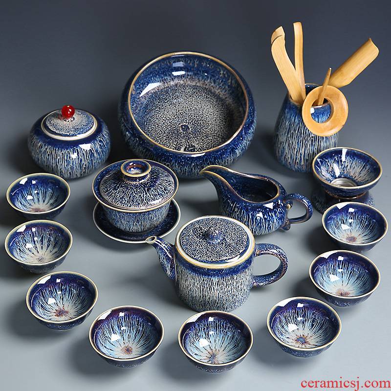 Variable temmoku tea set suit household kung fu tea cups ceramic teapot office obsidian change gift of a complete set of tea