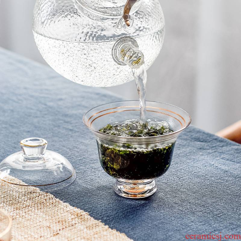 Qiu time household glass transparent kung fu tea tureen Chinese worship bowl tea bowl of large - sized more heat