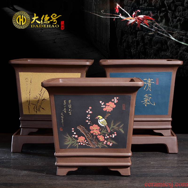 Square purple sand flowerpot with tray manual mud painting seiko carving painting bonsai pot king clivia orchid pot