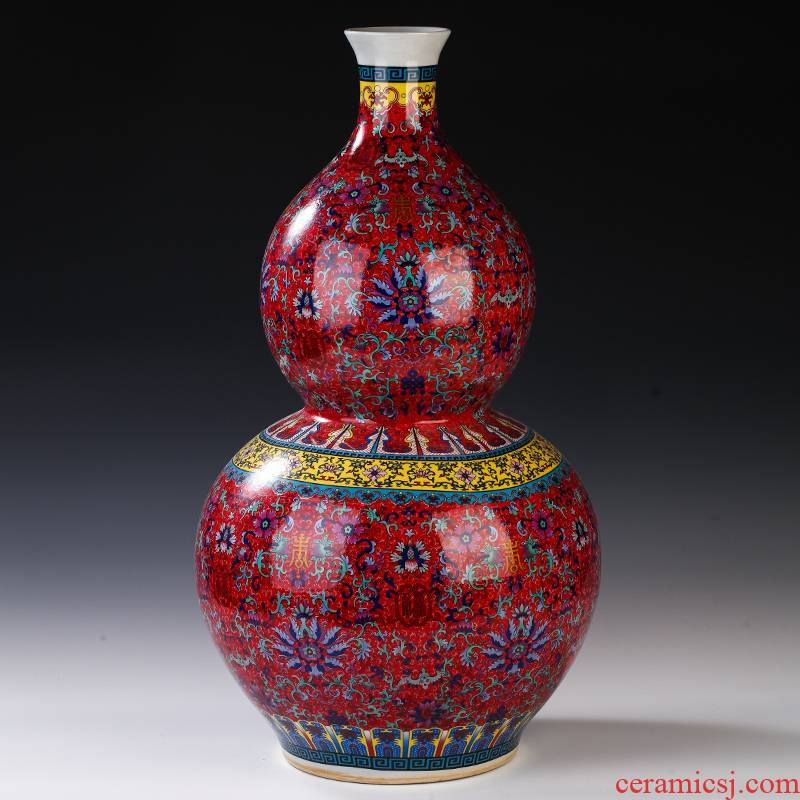 Jingdezhen ceramics China red live enamel bottle gourd of large vase sitting room adornment is placed