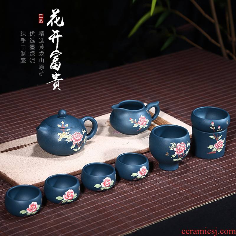 Yixing purple sand tea set of ink undressed ore ink set of chlorite all hand teapot blooming flowers, xi shi pot of gifts