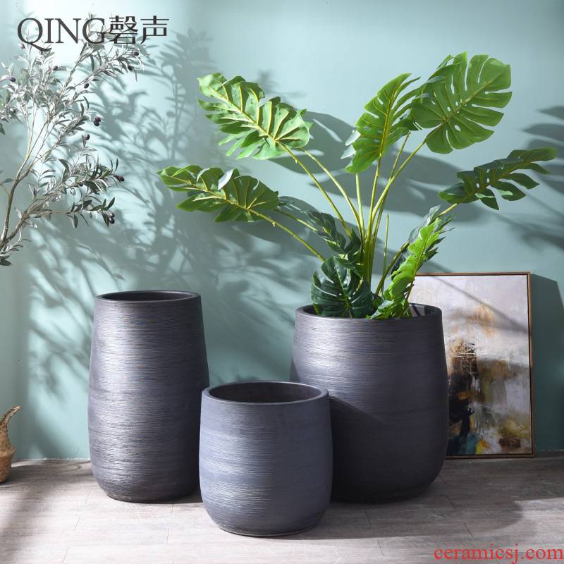 Nordic flowerpot I and contracted vase black ceramic green plant hydroponic POTS of large diameter cylinder indoor plant decoration