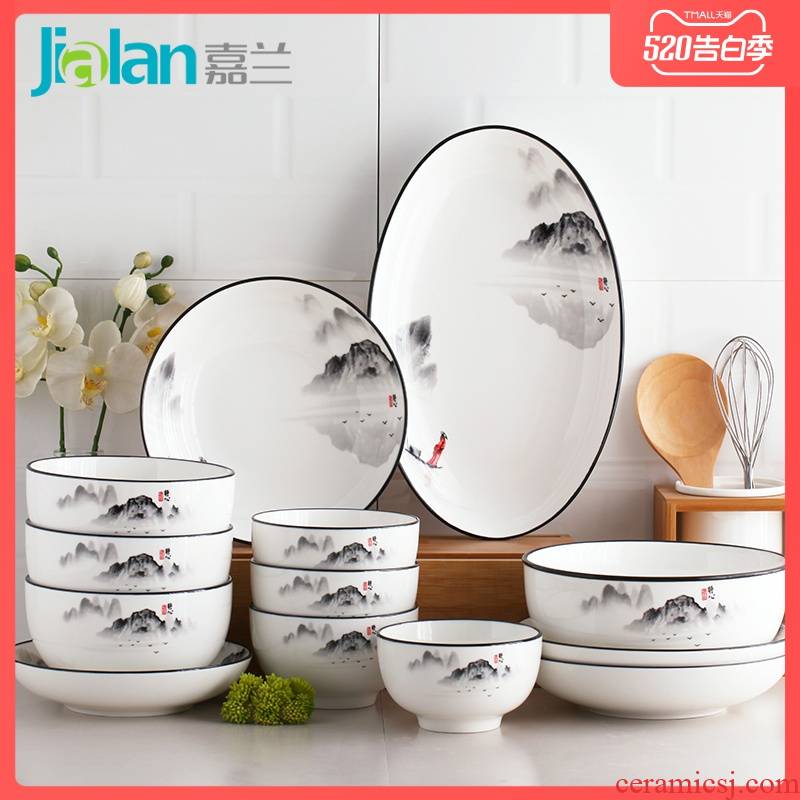 Garland glair pottery and porcelain tableware suit home dishes combine Chinese ink painting wind ceramic dishes and plates