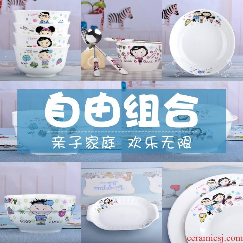 The Parent - child family ceramic bowl dish free combination 0 the dishes the household to eat noodles bowl of soup bowl chopsticks is tie - in