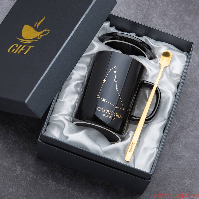 Creative constellation water glass ceramic keller gift box with cover spoon coffee cup men 's and women' s household move trend