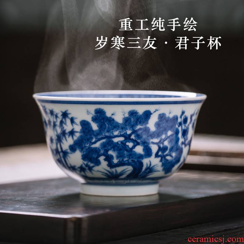 Blue and white master cup of large single cup pure manual single sample tea cup of jingdezhen ceramic mei shochiku cup