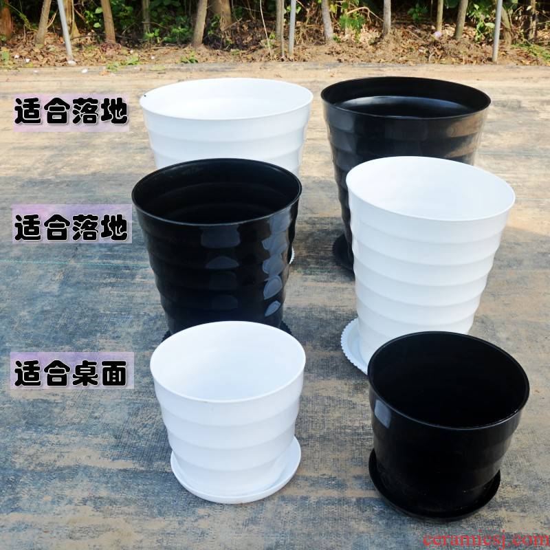 Large ground imitation ceramic plastic thickening contracted high round black and white thread extra Large household plastic flower POTS