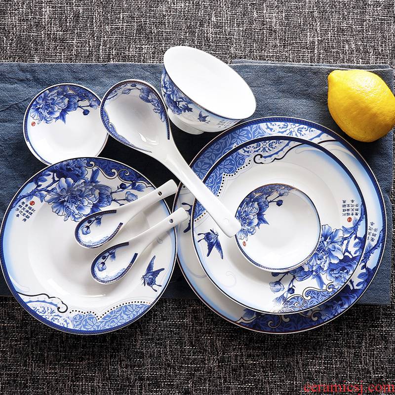 Orchid bowls of jingdezhen blue and white porcelain plate suit household Chinese wind restoring ancient ways ceramic tableware set chopsticks combination