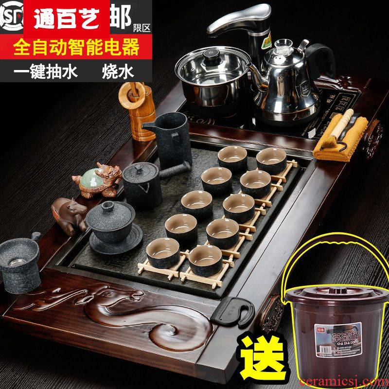 Tong baiyi kung fu tea set a complete set of violet arenaceous four unity of household electrical appliances solid wood tea tray cups of tea