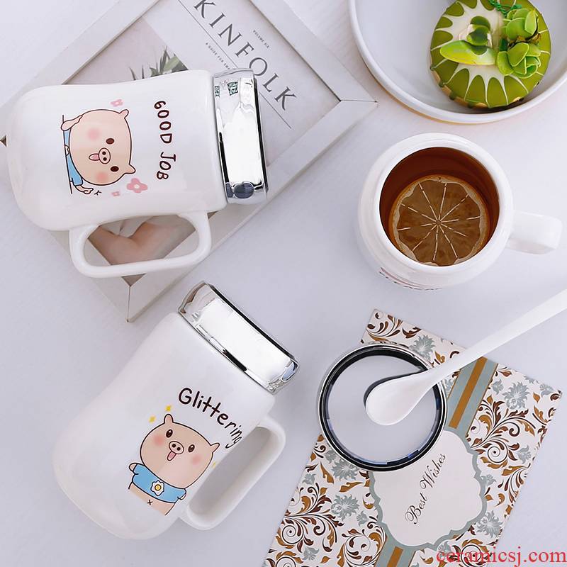 Creative lovely ceramic keller cup with cover spoon tide lovers ultimately responds cup men 's and women' s cup coffee cup