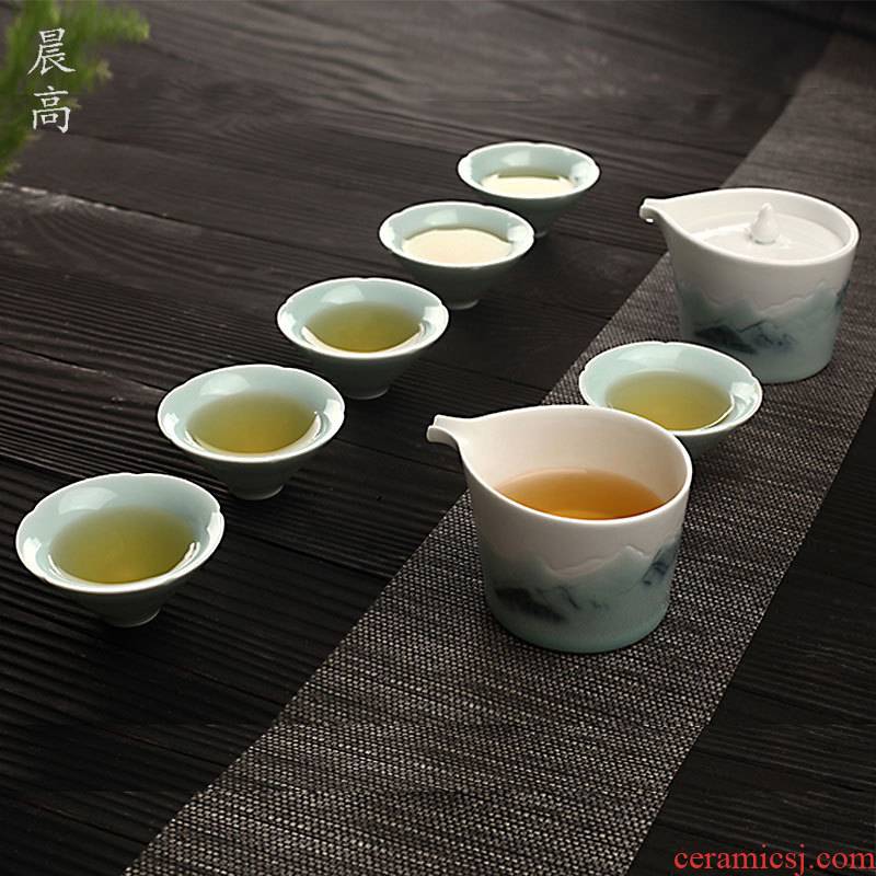 Morning high ceramic landscape tea sets suit kung fu tea tea household contracted tea cup bowl