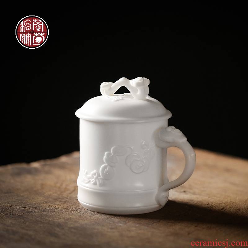 Dehua white porcelain biscuit firing office cup with handle glass ceramics and retro embossment personal cup home tea cup