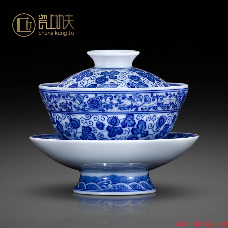 Jingdezhen blue and white porcelain kung fu tea sets hand - made tureen single hand large ceramic cups tea bowl three bowls