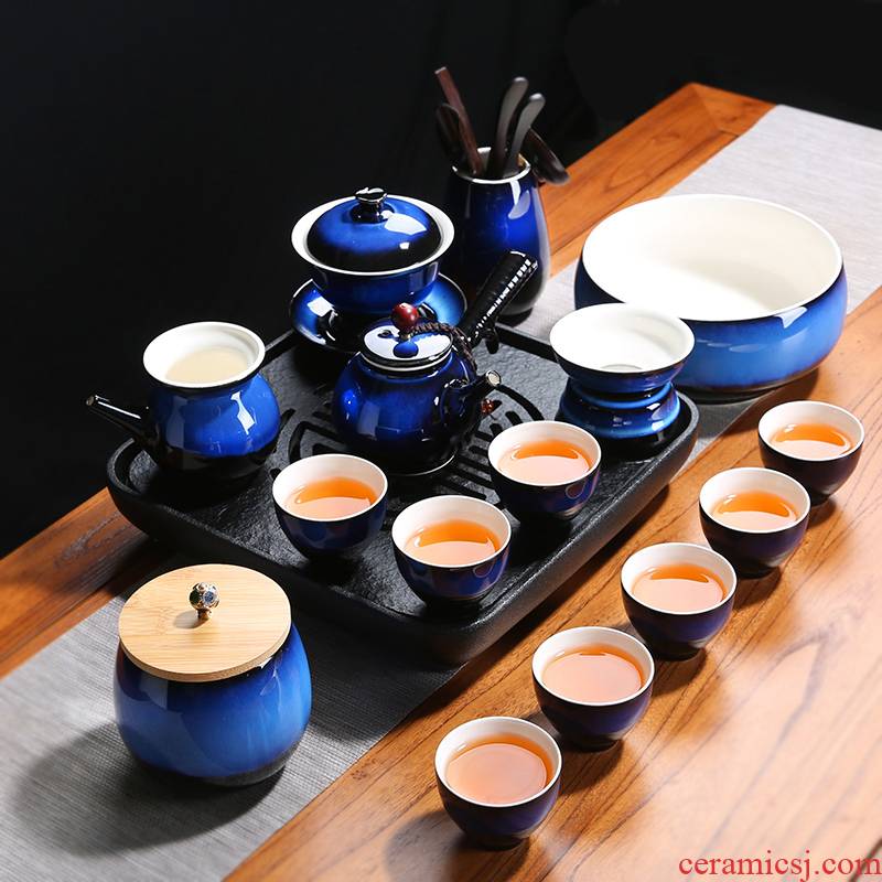 Kung fu tea set suit household variable temmoku glaze blue TuHao teapot teacup suit ceramic tea set tea tray